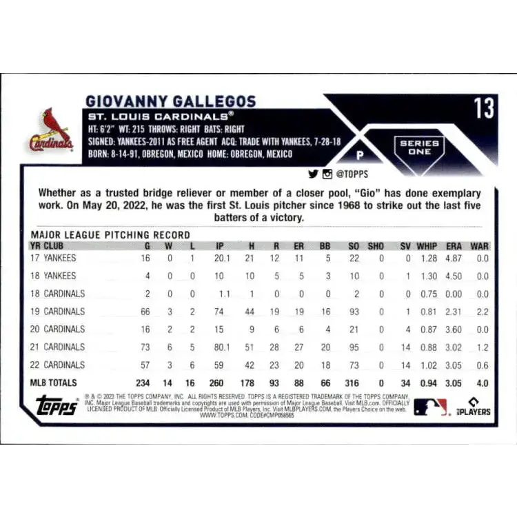 2023 Topps #13 Giovanny Gallegos NM-MT St. Louis Cardinals Baseball Card - Baseball Card Single