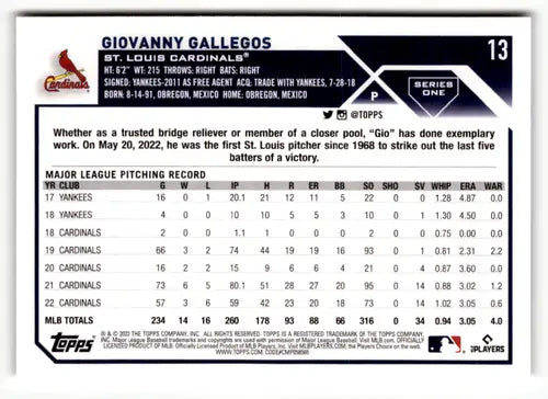 Giovanny Gallegos baseball card with original gloss from 2023 Topps #13 Cardinals