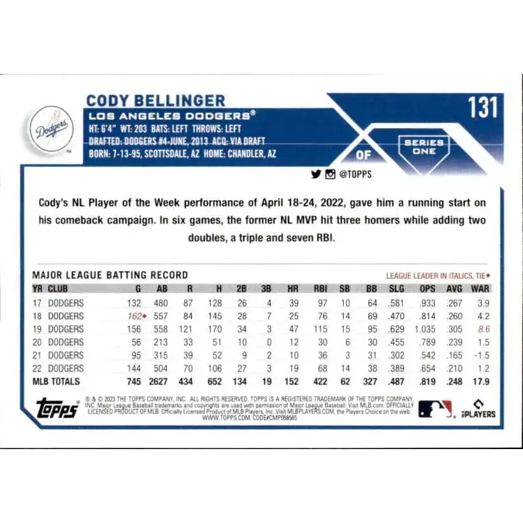 2023 Topps #131 Cody Bellinger NM-MT Los Angeles Dodgers Baseball Card - Baseball Card Single