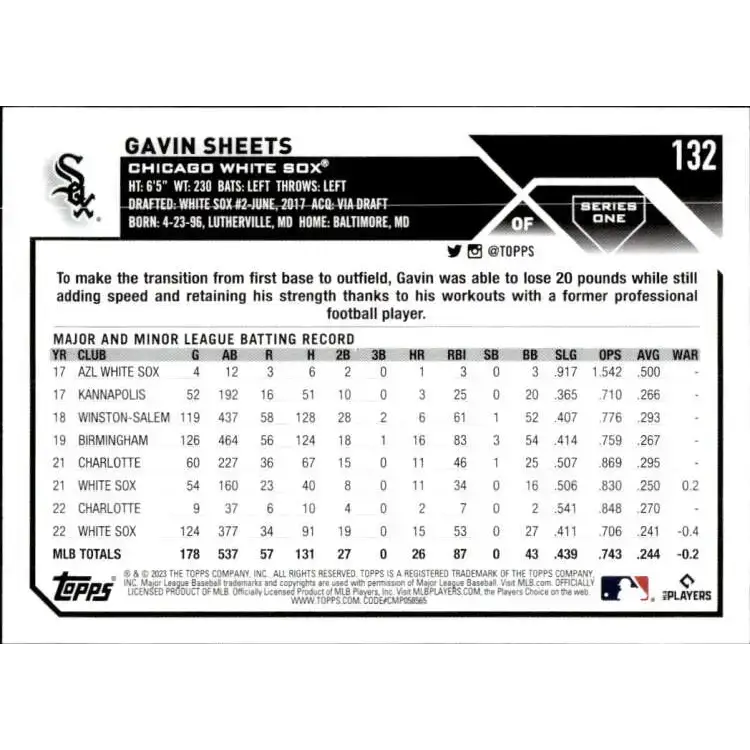 2023 Topps #132 Gavin Sheets NM-MT Chicago White Sox Baseball Card - Baseball Card Single