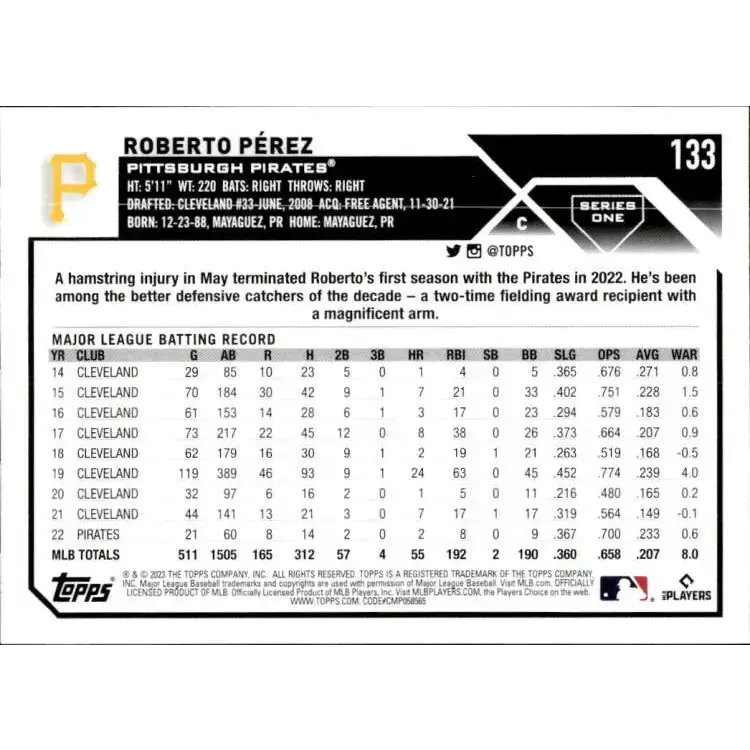 2023 Topps #133 Roberto Perez NM-MT Pittsburgh Pirates Baseball Card - Baseball Card Single