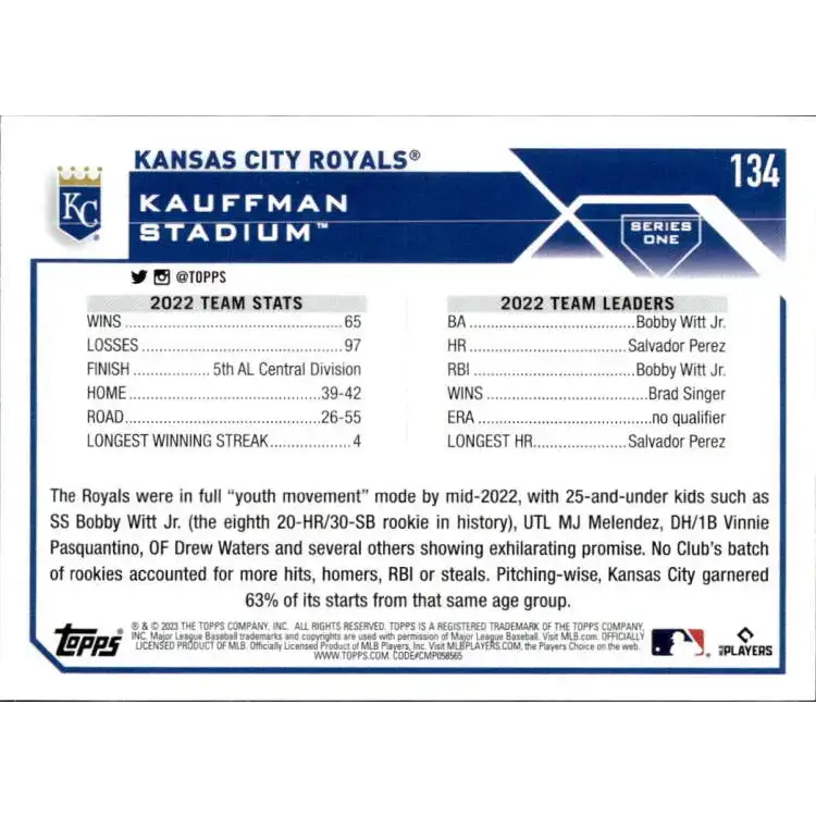 2023 Topps #134 Kansas City Royals NM-MT Team Card Baseball Card - Baseball Card Single