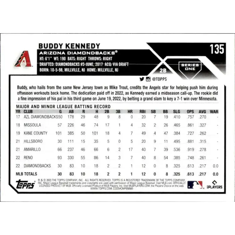2023 Topps #135 Buddy Kennedy NM-MT RC Rookie Arizona Diamondbacks Baseball Card - Baseball Card Single