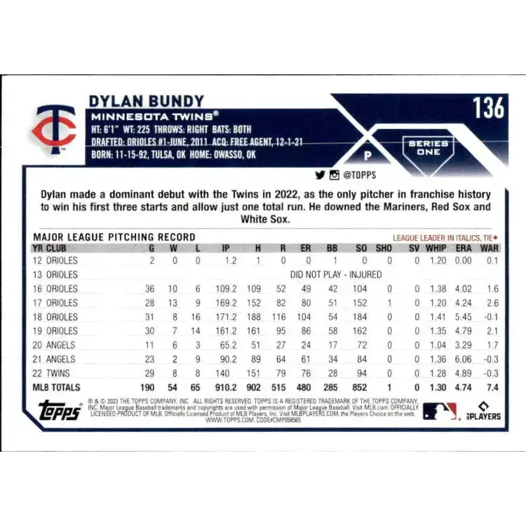 2023 Topps #136 Dylan Bundy NM-MT Minnesota Twins Baseball Card - Baseball Card Single