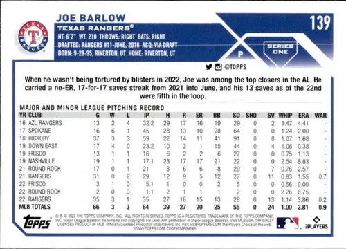 2023 Topps #139 Joe Barlow NM-MT Rangers ID:58916 - Baseball Card Single