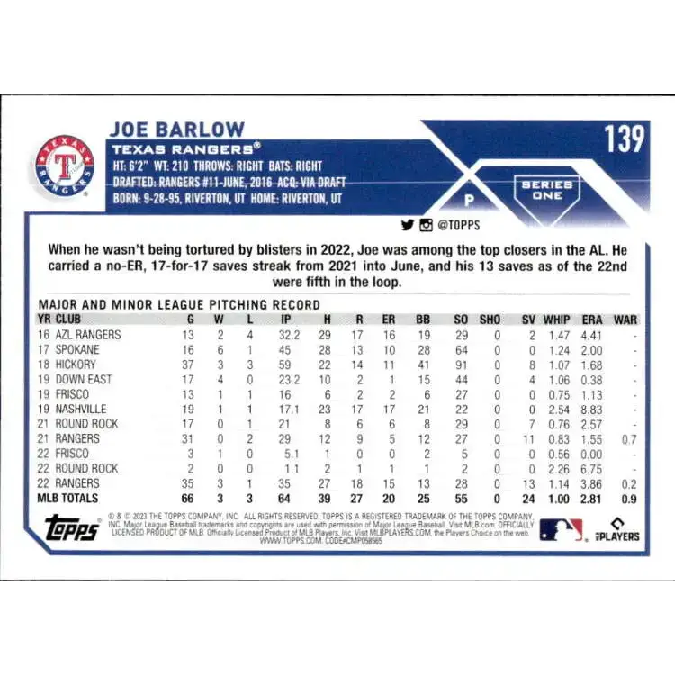 2023 Topps #139 Joe Barlow NM-MT Texas Rangers Baseball Card - Baseball Card Single