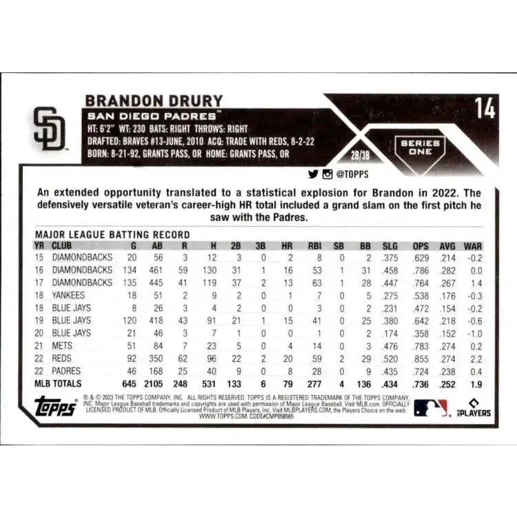 2023 Topps #14 Brandon Drury NM-MT San Diego Padres Baseball Card - Baseball Card Single