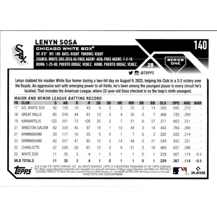 2023 Topps #140 Lenyn Sosa NM-MT RC Rookie Chicago White Sox Baseball Card - Baseball Card Single
