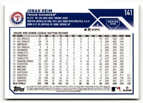 Jonah Heim baseball card from 2023 Topps #141 with original gloss featuring Simply Sandoval