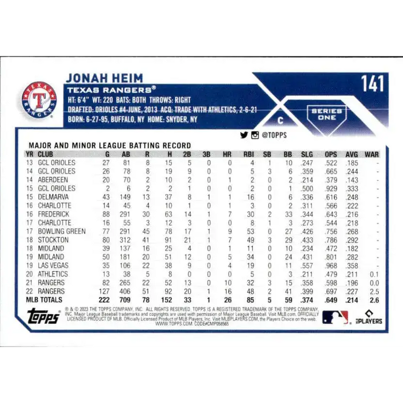 2023 Topps #141 Jonah Heim NM-MT Texas Rangers Baseball Card - Baseball Card Single