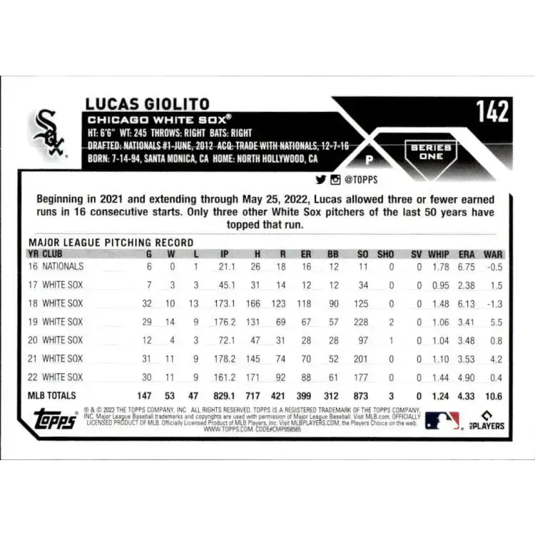 2023 Topps #142 Lucas Giolito NM-MT Chicago White Sox Baseball Card - Baseball Card Single