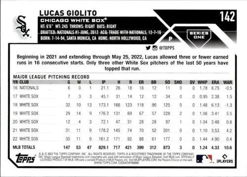 2023 Topps #142 Lucas Giolito NM-MT White Sox ID:58989 - Baseball Card Single