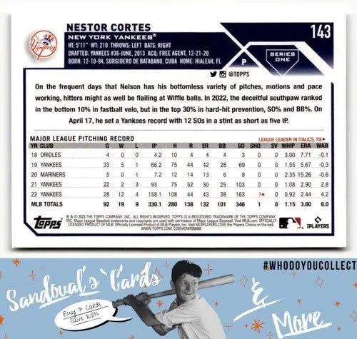 2023 Topps #143 Nestor Cortes EX/NM ID:50182 - Baseball Card Single