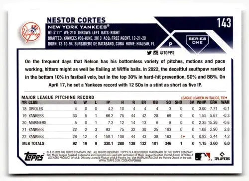 2023 Topps #143 Nestor Cortes EX/NM ID:50541 - Baseball Card Single