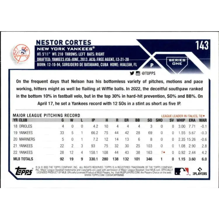 2023 Topps #143 Nestor Cortes NM-MT New York Yankees Baseball Card - Baseball Card Single