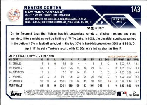 2023 Topps #143 Nestor Cortes NM-MT Yankees ID:58020 - Baseball Card Single