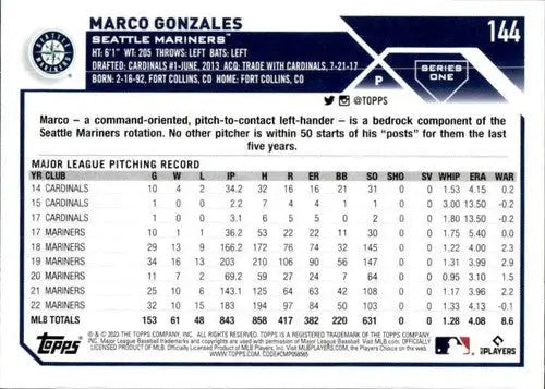 2023 Topps #144 Marco Gonzales NM-MT Mariners ID:49804 - Baseball Card Single