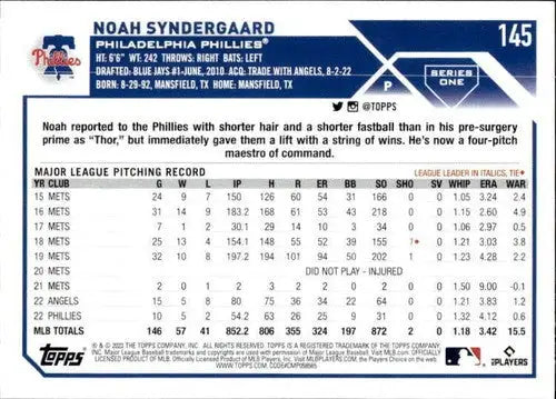 2023 Topps #145 Noah Syndergaard NM-MT Phillies ID:49712 - Baseball Card Single