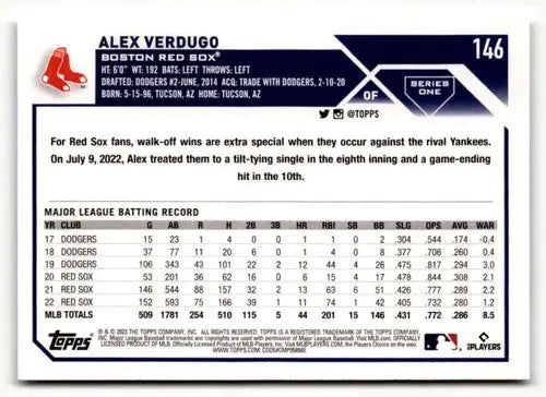 2023 Topps #146 Alex Verdugo NM ID:50672 - Baseball Card Single
