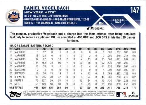 Daniel Vogelbach baseball card with original gloss 2023 Topps NM-MT Mets ID 57995