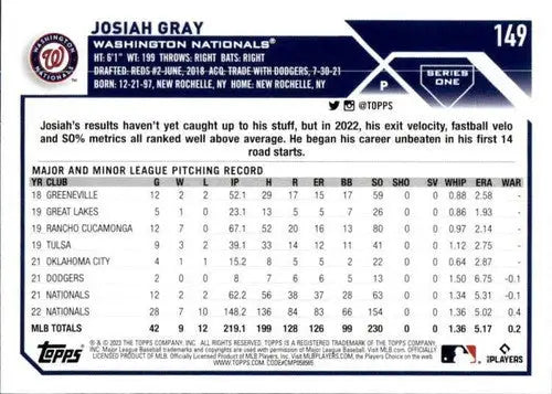 2023 Topps #149 Josiah Gray NM-MT Nationals ID:54049 - Baseball Card Single