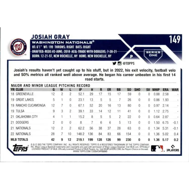 2023 Topps #149 Josiah Gray NM-MT Washington Nationals Baseball Card - Baseball Card Single