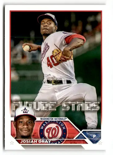 Original gloss baseball trading card of Josiah Gray in Nationals uniform featuring Simply Sandoval