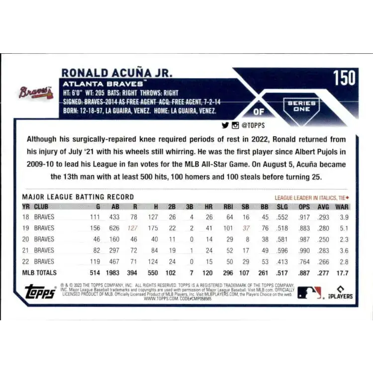 2023 Topps #150 Ronald Acuna Jr. NM-MT Atlanta Braves Baseball Card - Baseball Card Single
