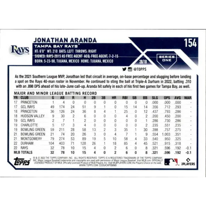 2023 Topps #154 Jonathan Aranda NM-MT RC Rookie Tampa Bay Rays Baseball Card