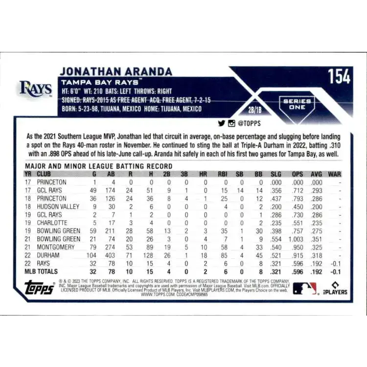 2023 Topps #154 Jonathan Aranda NM-MT RC Rookie Tampa Bay Rays Baseball Card - Baseball Card Single