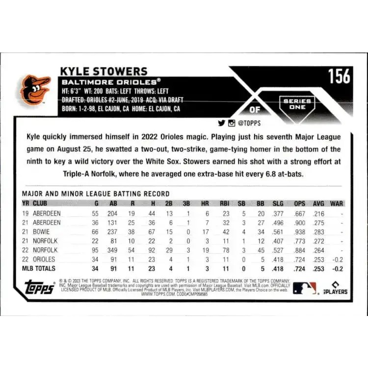 2023 Topps #156 Kyle Stowers NM-MT RC Rookie Baltimore Orioles Baseball Card - Baseball Card Single