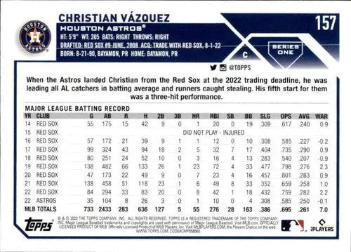 Christian Vazquez baseball card with original gloss from 2023 Topps #157 NM-MT