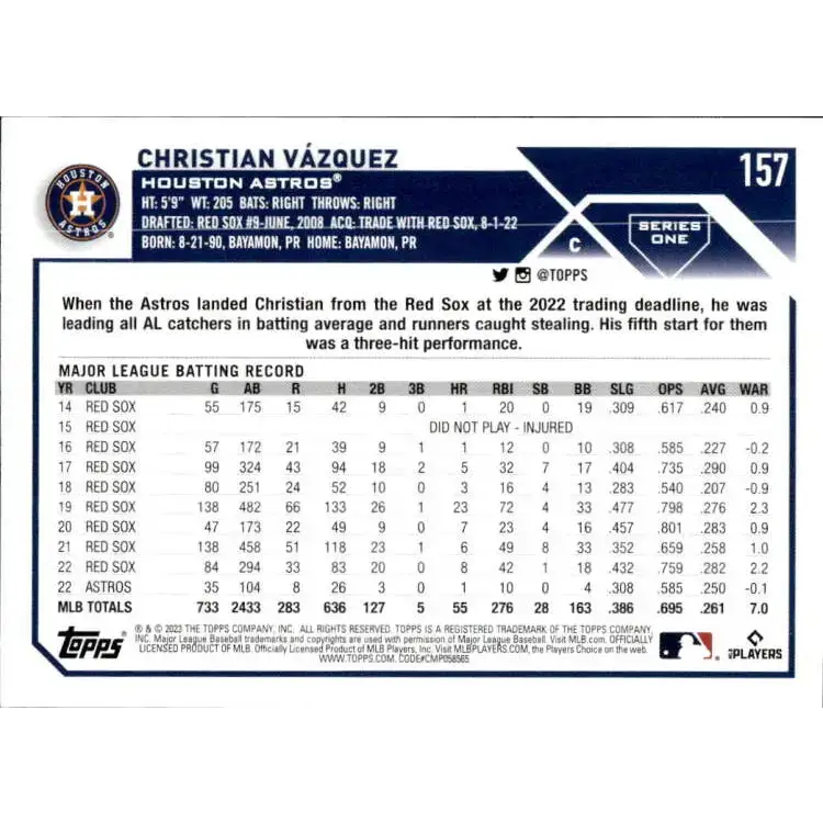 2023 Topps #157 Christian Vazquez NM-MT Houston Astros Baseball Card - Baseball Card Single