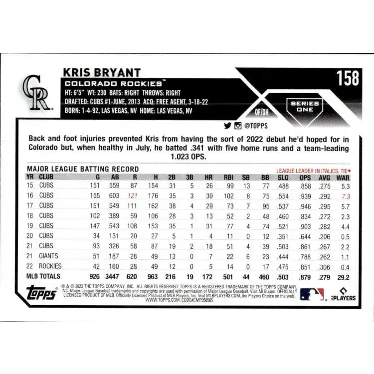 2023 Topps #158 Kris Bryant NM-MT Colorado Rockies Baseball Card - Baseball Card Single