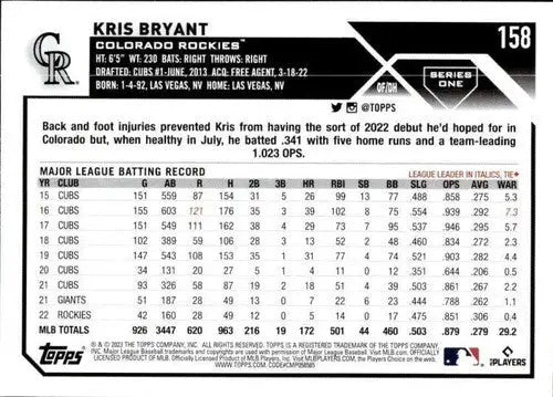 2023 Topps #158 Kris Bryant NM-MT Rockies ID:50450 - Baseball Card Single