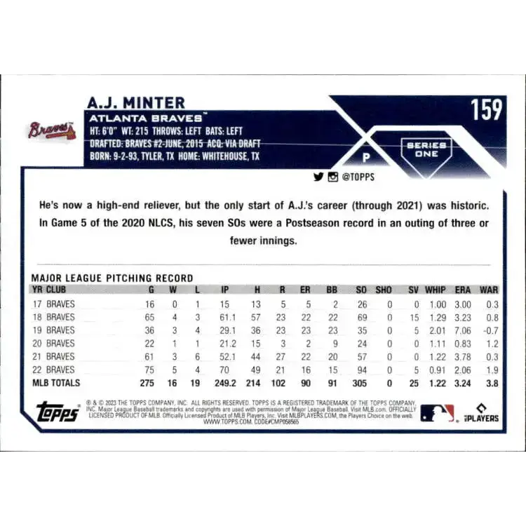 2023 Topps #159 A.J. Minter NM-MT Atlanta Braves Baseball Card - Baseball Card Single