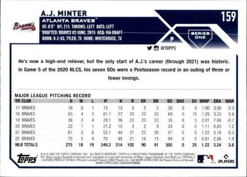 A.J. Minter baseball card with original gloss from 2023 Topps #159 Braves NM-MT