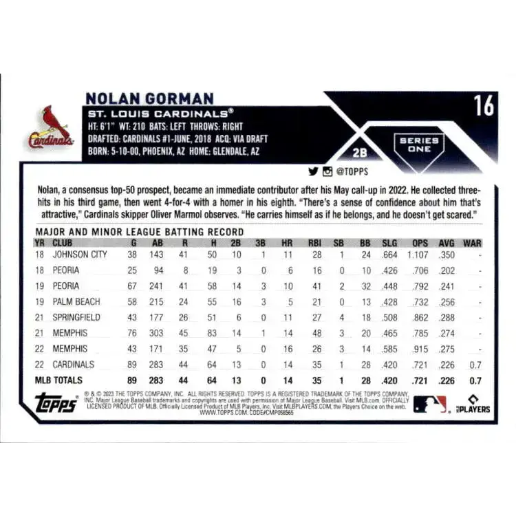 2023 Topps #16 Nolan Gorman NM-MT RC Rookie St. Louis Cardinals Baseball Card - Baseball Card Single