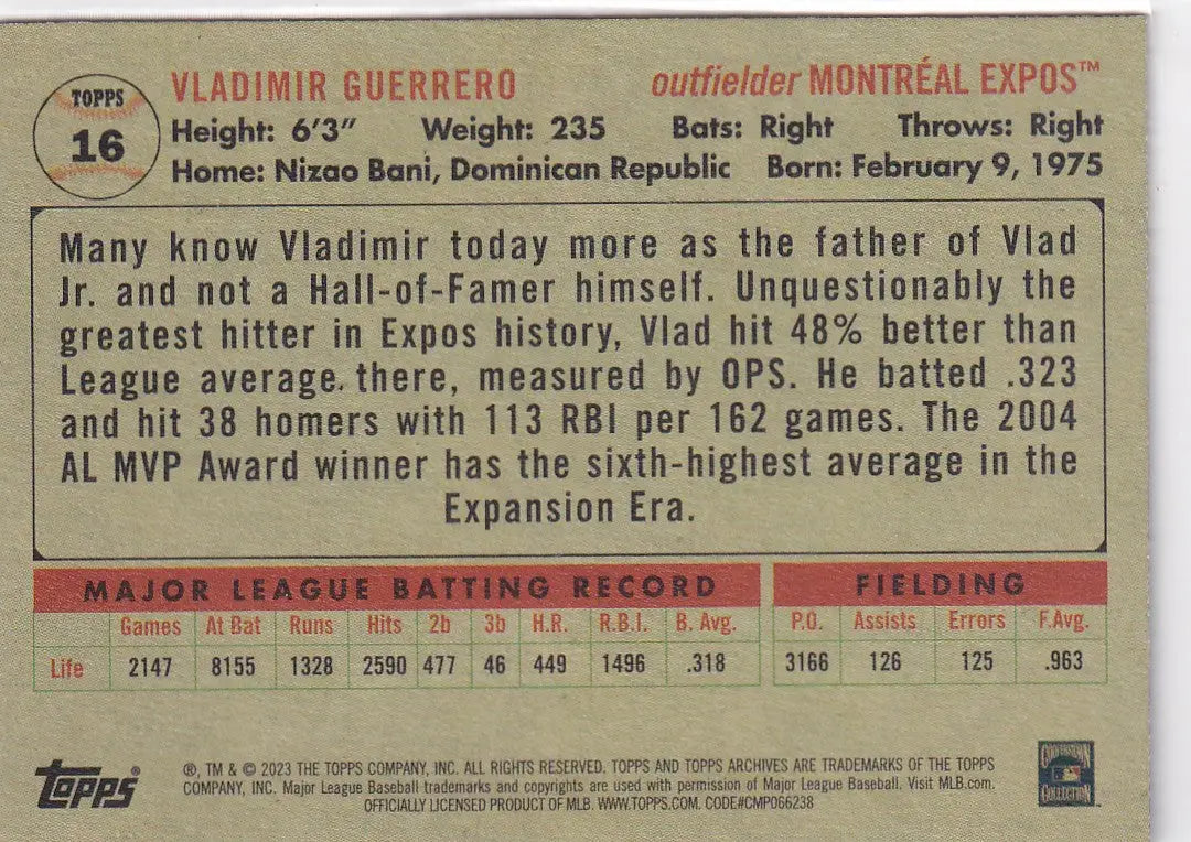 2023 TOPPS #16 VLADIMIR GUERRERO- MONTREAL EXPOS - Baseball Card Single