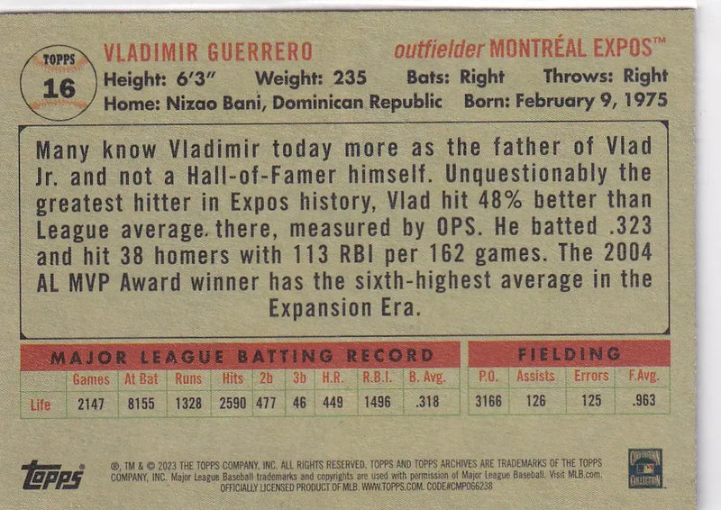 2023 TOPPS #16 VLADIMIR GUERRERO- MONTREAL EXPOS - Baseball Card Single