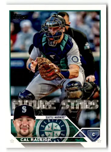 Baseball trading card featuring Cal Raleigh and a catcher in action for 2023 Topps NM
