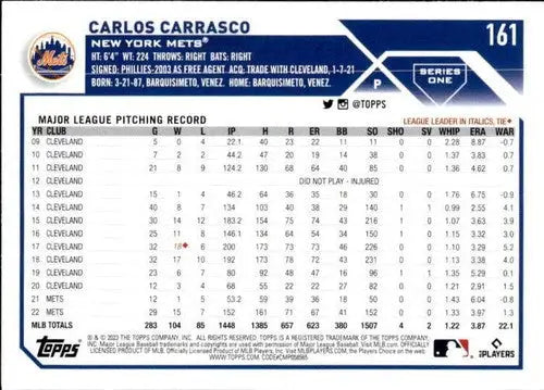 2023 Topps #161 Carlos Carrasco NM-MT Mets ID:50227 - Baseball Card Single