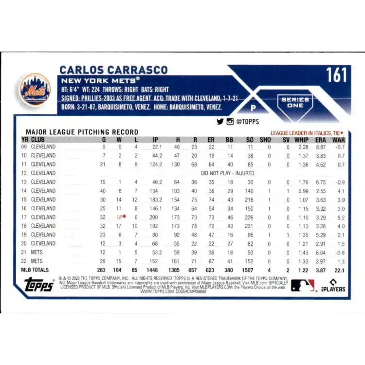 2023 Topps #161 Carlos Carrasco NM-MT New York Mets Baseball Card - Baseball Card Single