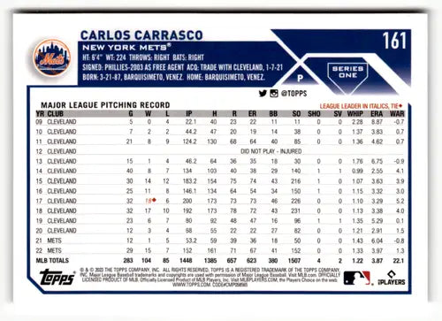 2023 Topps #161 Carlos Carrasco NM Near Mint Mets ID:49797 - Baseball Card Single
