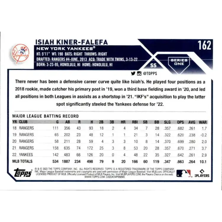 2023 Topps #162 Isiah Kiner-Falefa NM-MT New York Yankees Baseball Card - Baseball Card Single