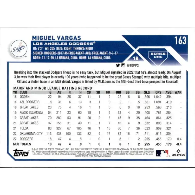 2023 Topps #163 Miguel Vargas NM-MT RC Rookie Los Angeles Dodgers Baseball Card - Baseball Card Single