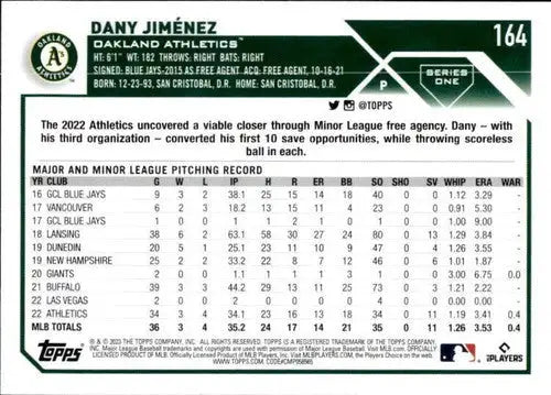 2023 Topps #164 Dany Jimenez NM-MT Athletics ID:50230 - Baseball Card Single