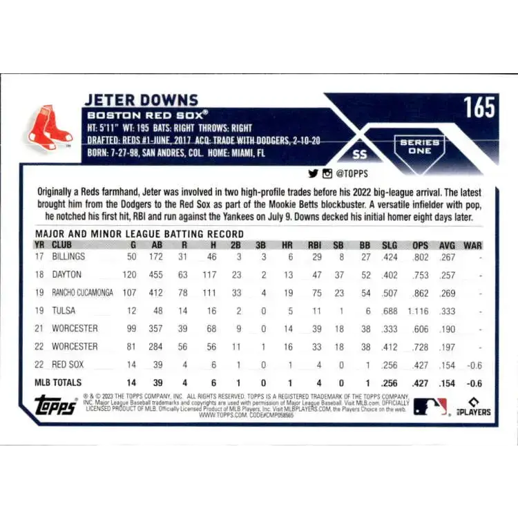 2023 Topps #165 Jeter Downs NM-MT RC Rookie Boston Red Sox Baseball Card - Baseball Card Single