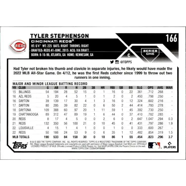 2023 Topps #166 Tyler Stephenson NM-MT Cincinnati Reds Baseball Card - Baseball Card Single