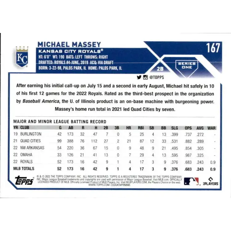 2023 Topps #167 Michael Massey NM-MT RC Rookie Kansas City Royals Baseball Card - Baseball Card Single